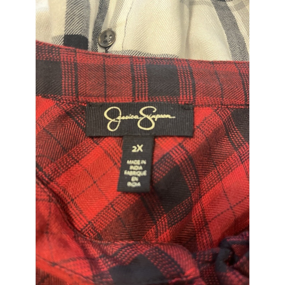 Jessica Simpson Women's Top 2X Long Sleeve Plaid Contrasting Print Tie Neck - Picture 3 of 4